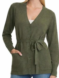 olive green Splendid women's belted cardigan with a V-neck