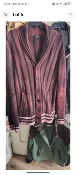 1886 was !!!!$250 !!!! Crwth Men's Billy The Kid Wool Cardigan Sweater Shawl Large Red/White