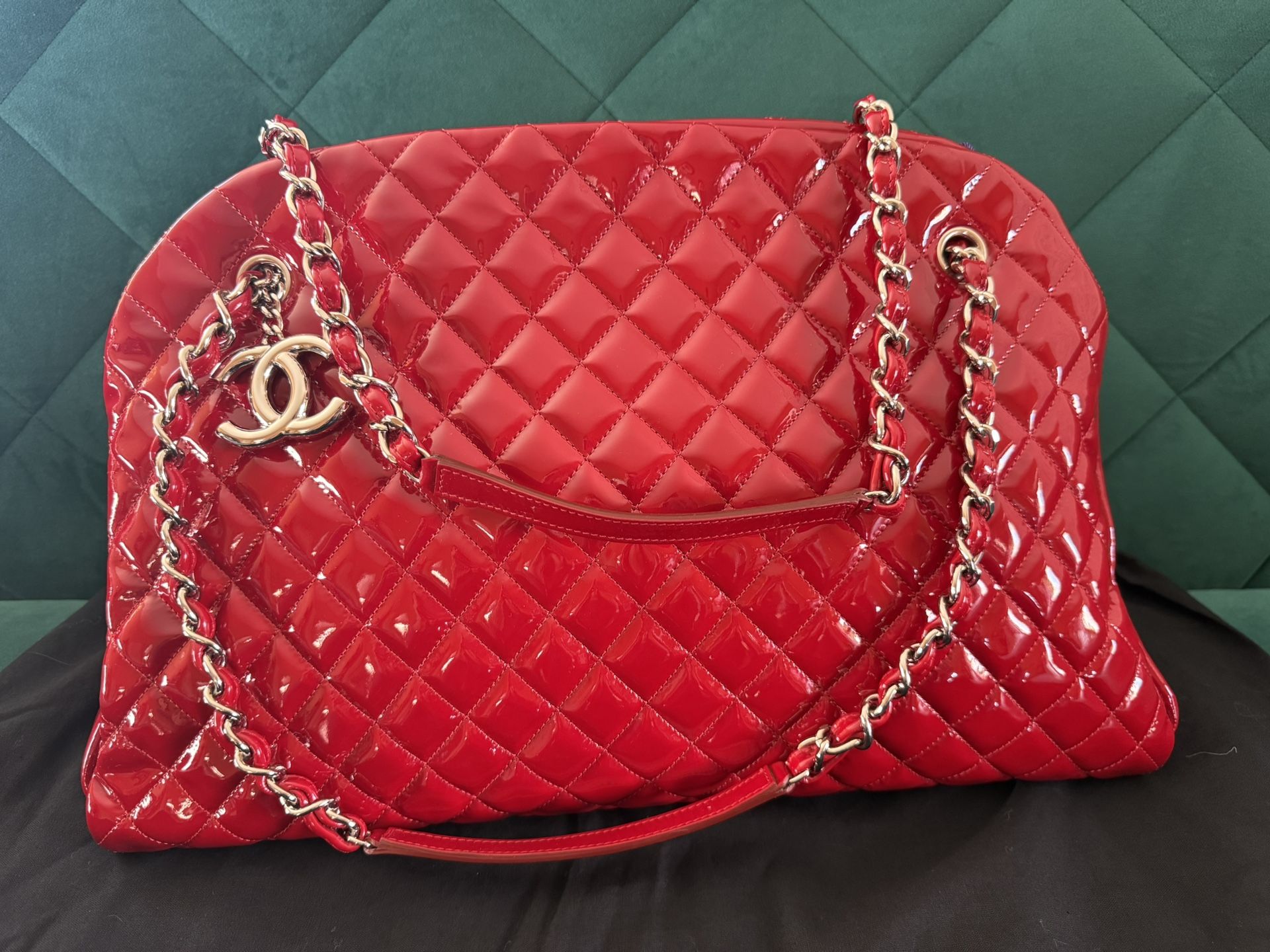 Auth Chanel Large Just Mademoiselle Bowling Bag – Red Patent Calfskin Leather