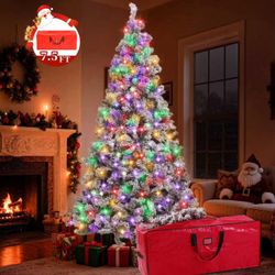 7.5FT Pre-Lit Snow ,Artificial White Christmas Tree with Large Christmas Tree Storage Bag,11 Modes Warm White & Multicolor LED Light