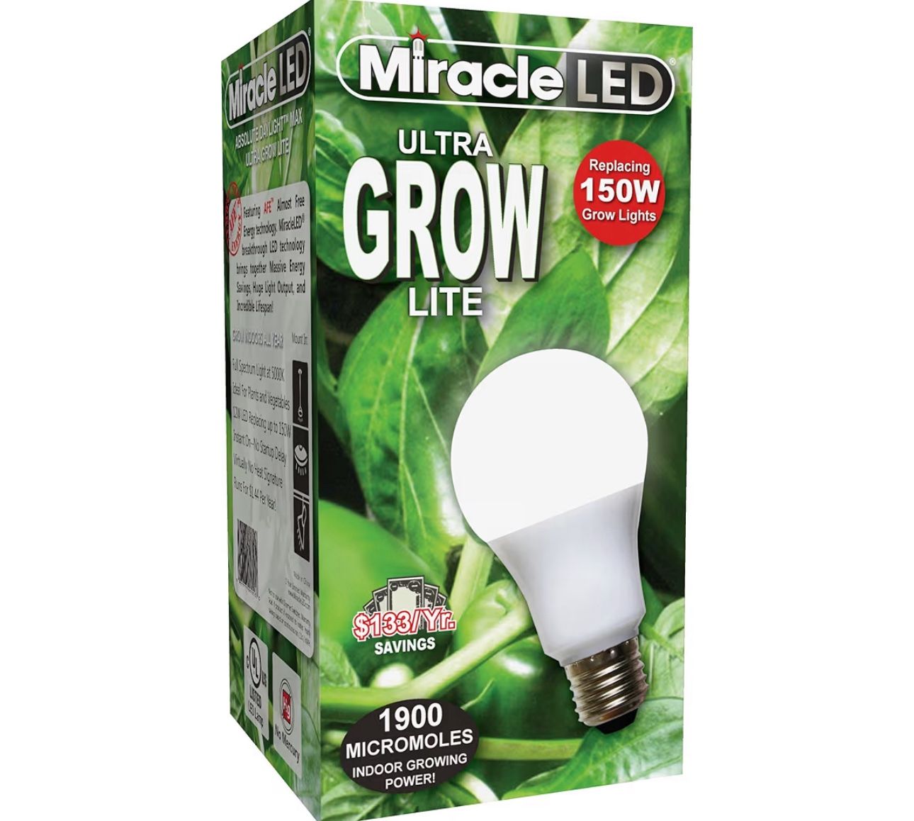 Miracle LED Commercial Hydroponic Ultra Grow Lite - Replaces up to 150W - Daylight White Full Spectrum LED Indoor Plant Growing