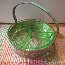 Vintage Green Glass Relish Insert with Metal Basket Weave Holder