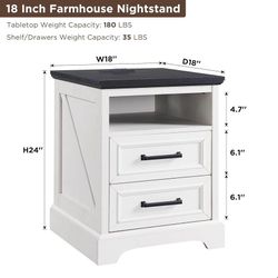 18" Farmhouse Nightstand with Charging Station,End Table with 2 Drawers Storage,Side Table,Bedside Cabinet for Bedroom,Living Room,White