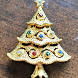 Vintage Christmas Tree Brooch With Colored Rhinestones