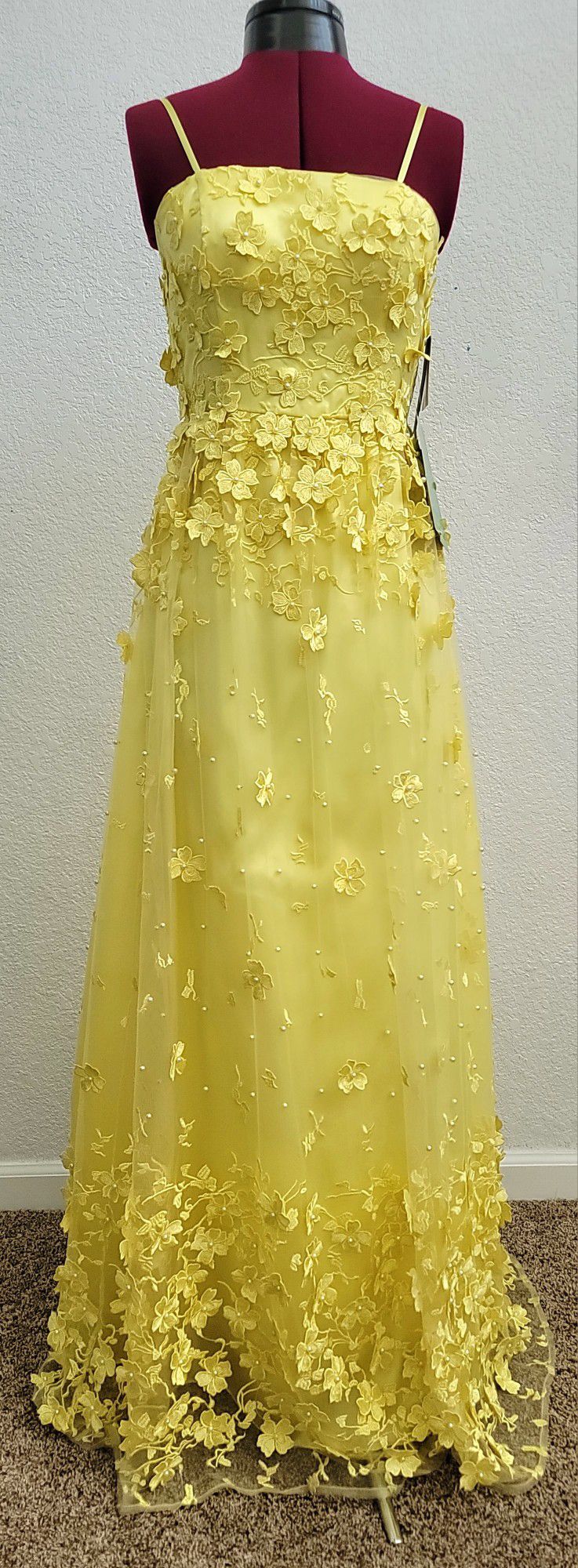 Formal Yellow Gown With Floral Appliques And Beads, Prom, Teen