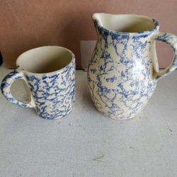 vintage blue spongeware pitcher made by Robinson Ransbottom Pottery in Roseville, Ohio. 