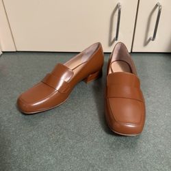 M.Gemi Square Toe Block Heels Shoes Cognac Brown Leather Italy Size UK 35 / 4 US