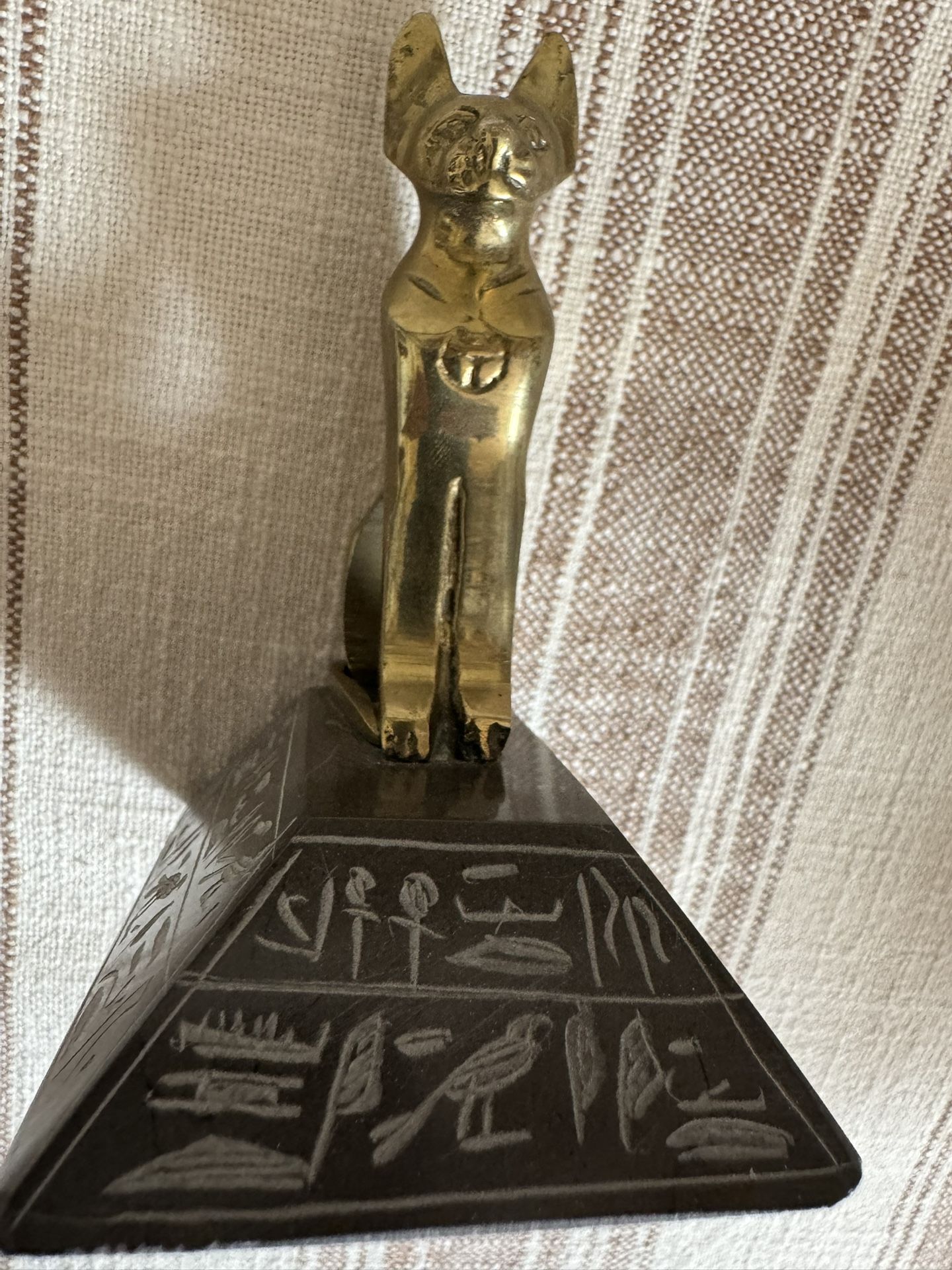 Goddess Bastet Cat Vintage Brass & black Egyptian stone
