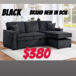 Convertible Sectional Reversible Storage Chaise W/ Cup Holder & USB & USB-C Port