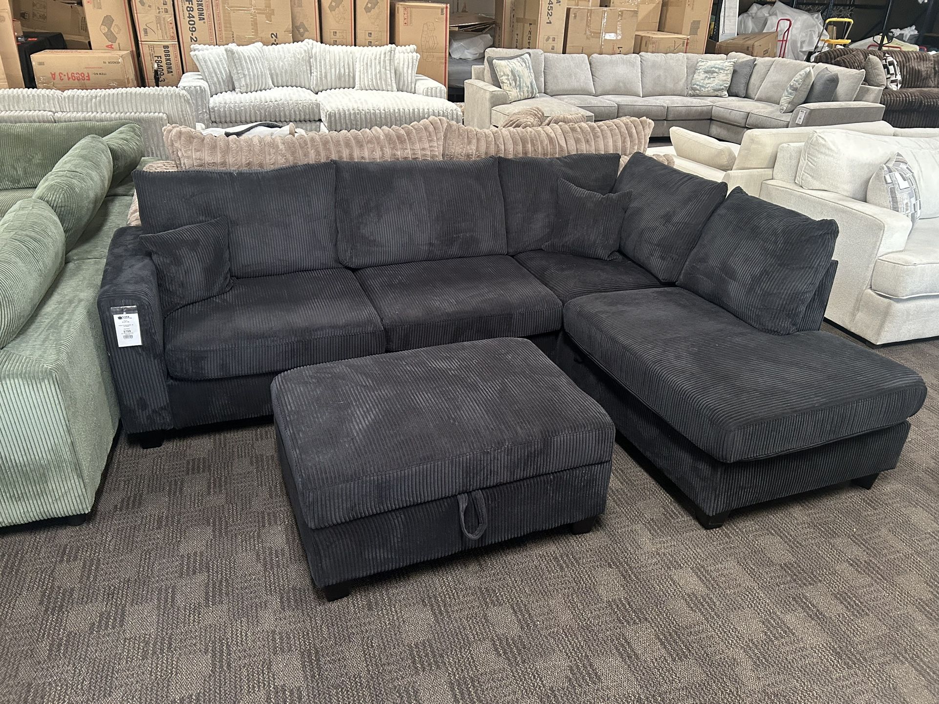 NEW Black Corduroy Sectional W Ottoman
