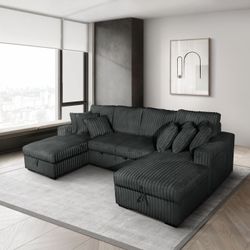 GREY OR BLACK CORDUROY SECTIONAL WITH PULLOUT/STORAGE
