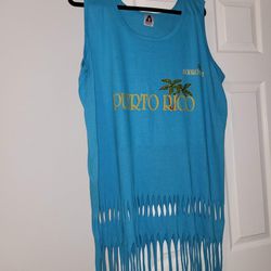 womens xxl LuQUILLO beach Puerto Rico fringe shirt top 
Cut out open front & back fringe bottom 
Wear as a dress swimsuit cover-up t shirt 