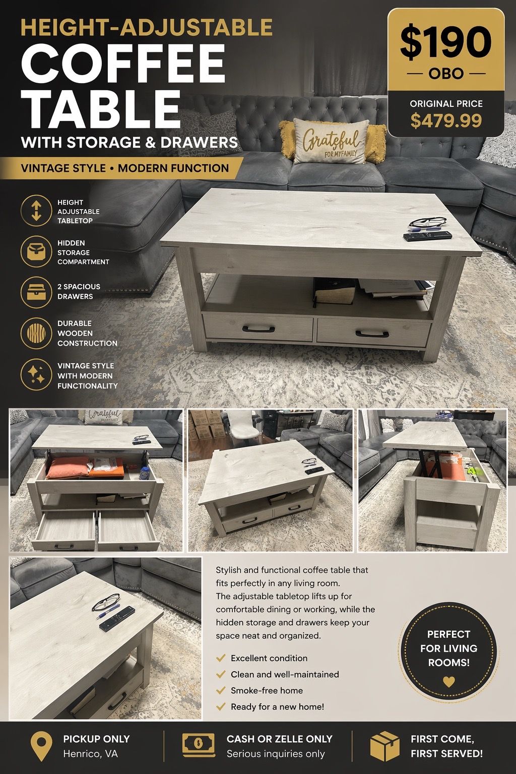 Height-Adjustable Coffee Table with Hidden Storage – $190 OBO