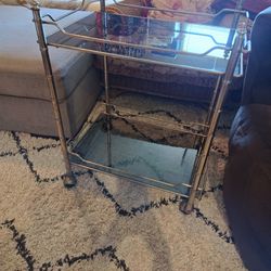 Gold N Brass Bamboo Bar Cart With Tented Black Glass 2 Shelves On Wheels