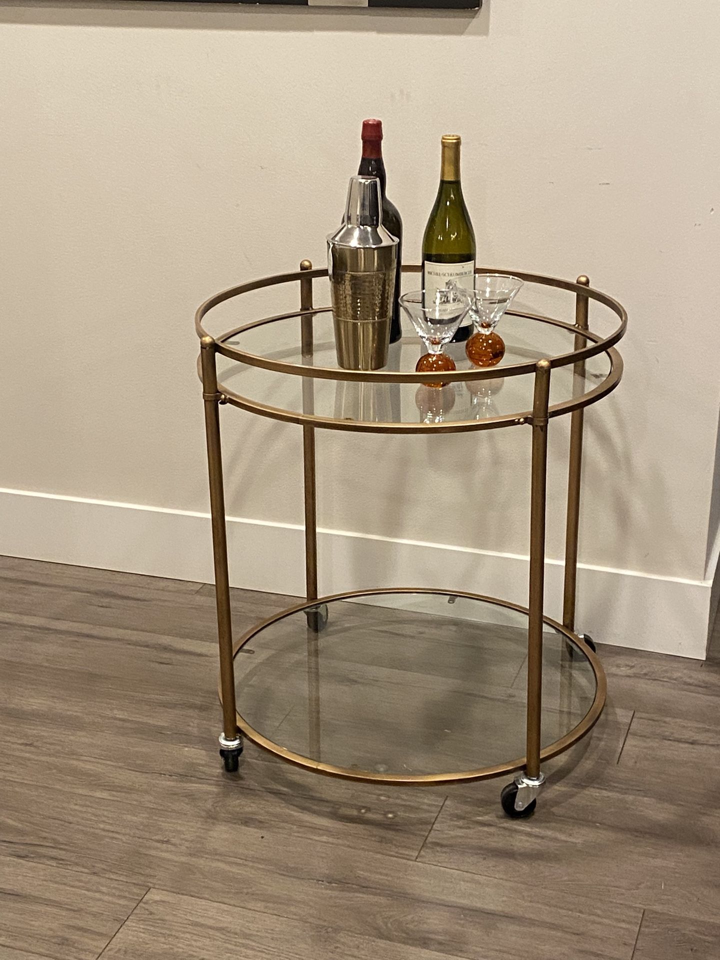 2 Tiers Gold Rolling Bar Cart With Glass Shelves 24” In Diameter H26”