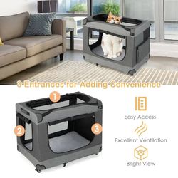 Portable Folding Dog Soft Crate Cat Carrier with 4 Lockable Wheels