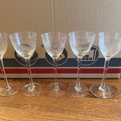 Antique Etched Crystal Wine Glasses – Set of 5 | Pinwheel Starburst Pattern