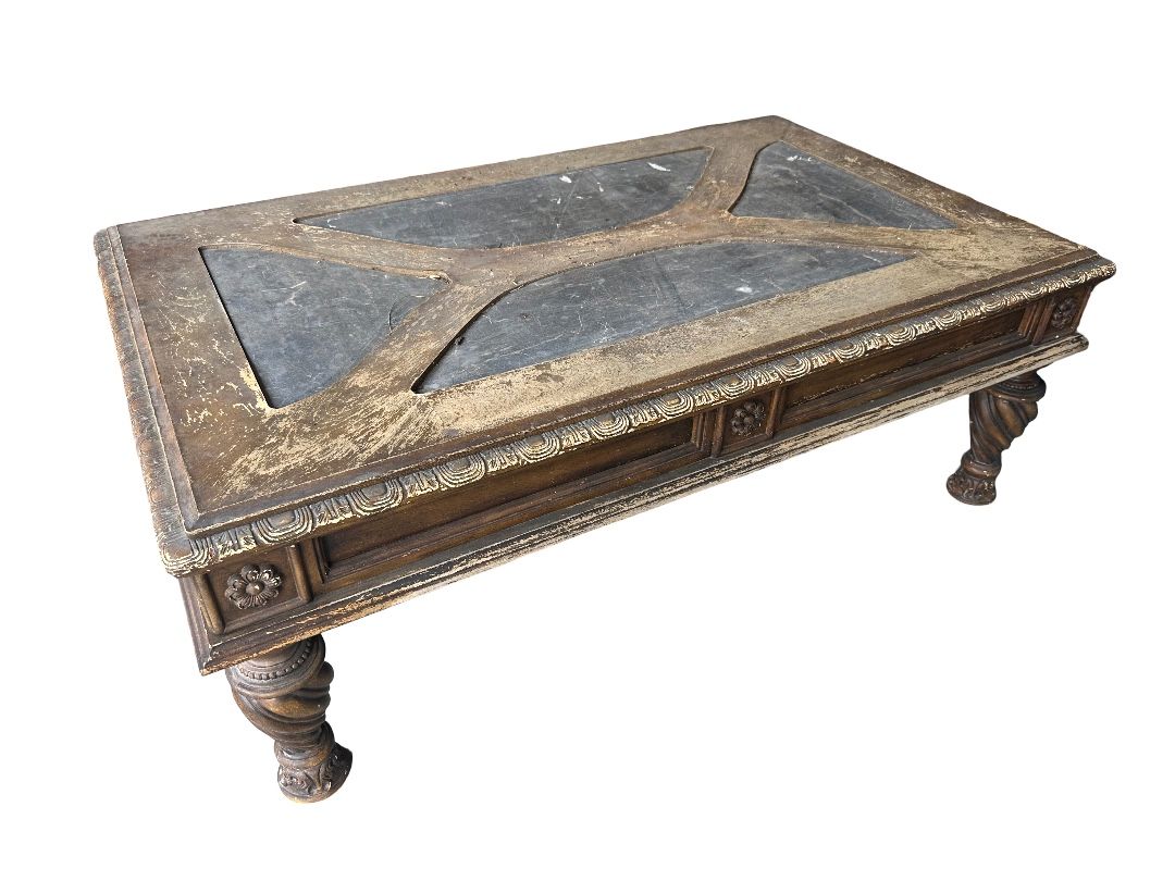 FINAL SALE – Antique-Style Coffee Table – Rustic Wood & Stone Inlay (Needs TLC)