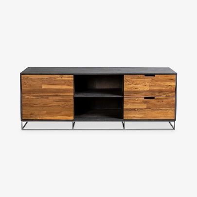 CB2 Congo 65” Wood Media Console TV Stand – Solid Mango & Teak Wood, Iron Frame, Rustic Industrial Entertainment Center, Storage Cabinet for Living Ro