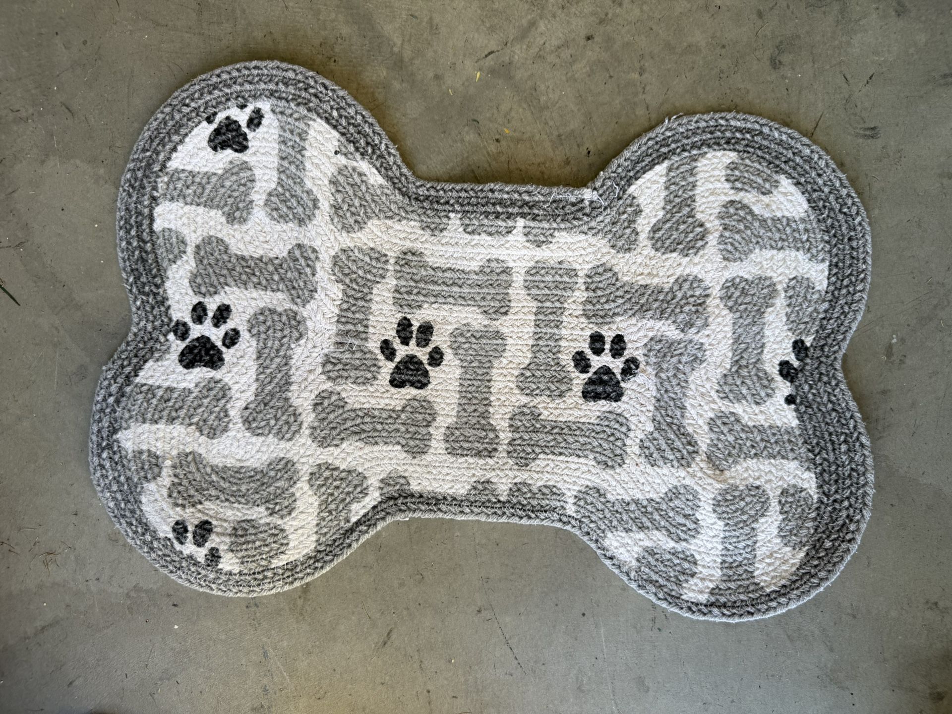 Bone Shaped Dog Mat For Food & Water Bowls, Paw Print, Black, Gray & White