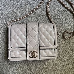 Tan Chanel Crossbody Purse With Metal Chain 