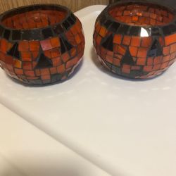 2 MOSAIC GLASS HALLOWEEN PUMPKIN CANDLE HOLDERS