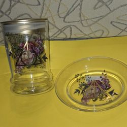 Harry Potter Deathly Hallows Soap Dish & Toothbrush Holder Glass Floral Combo
