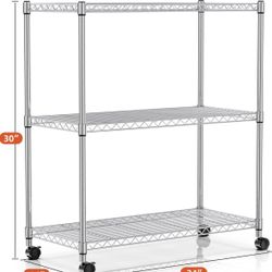 "3-Tier Storage Shelves 750Lb Capacity, 24.02"" D x 13.78"" W x 29.92"" H Adjustable Shelving Unit with Wheels, Chrome,"