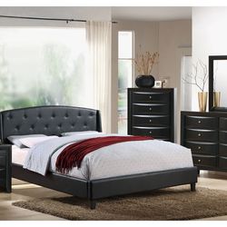 Brand New Black Faux Leather Queen Bedframe + Dresser + Mirror + Nightstand 4PCs Set