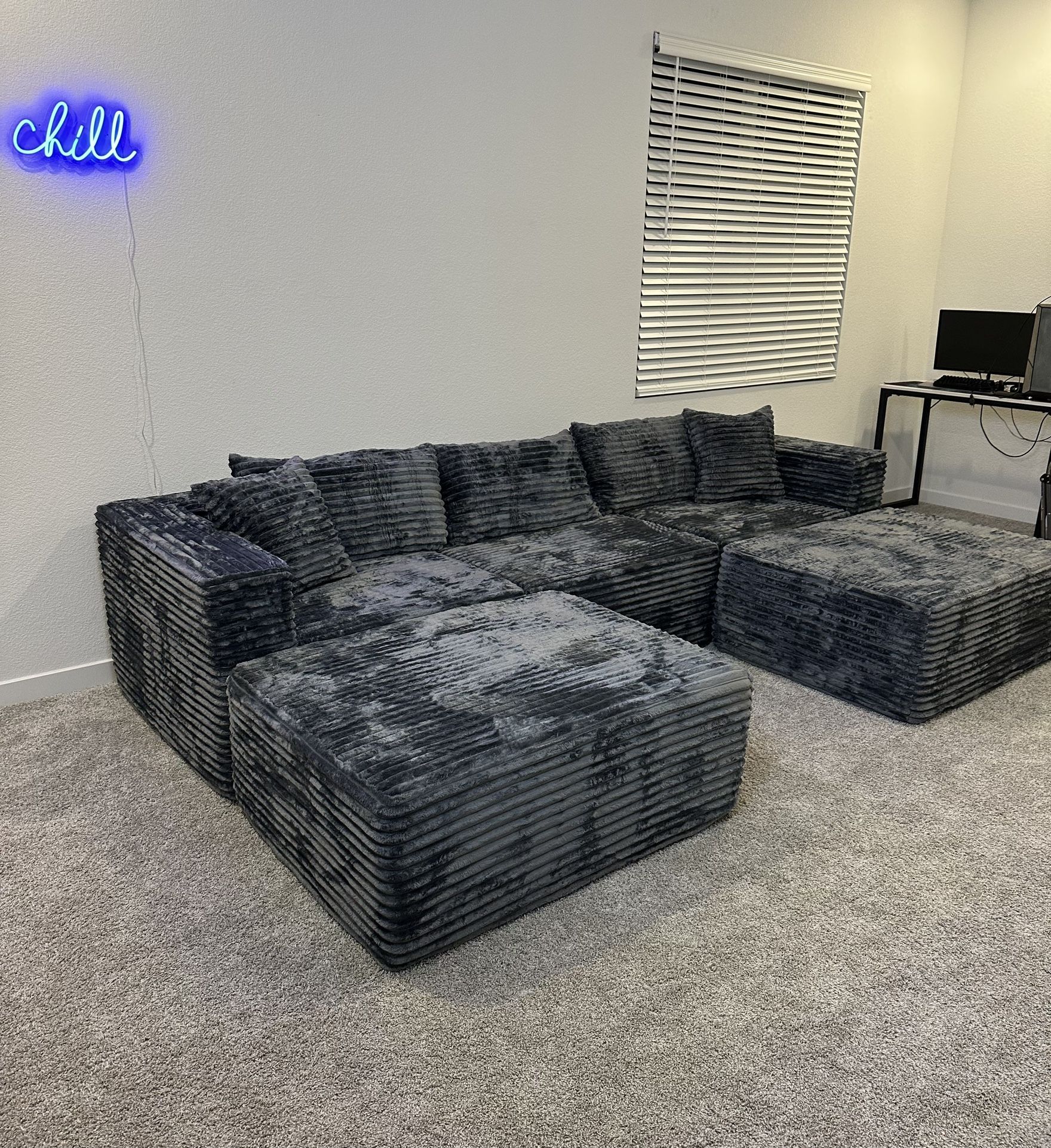 5-Piece Grey Modular Boneless Corduroy Cloud Sectional Sofa Couch