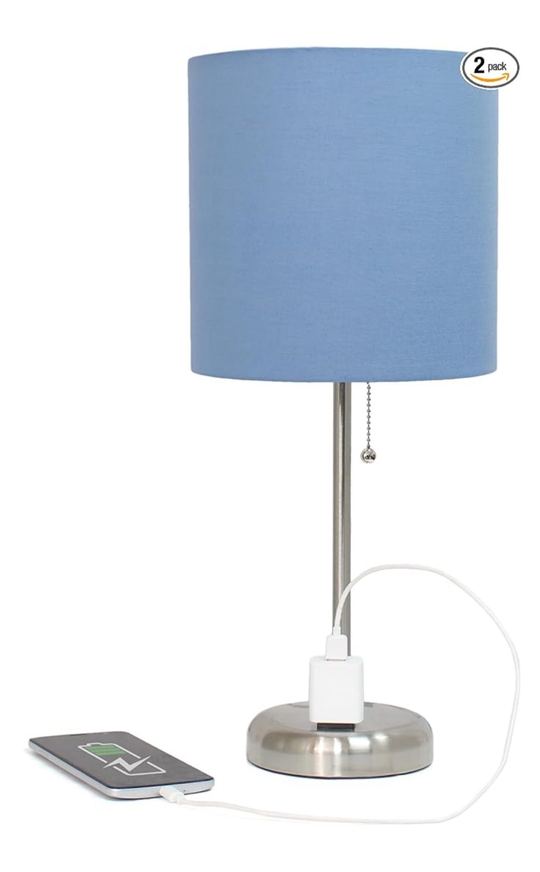 *NEW* Steel Stick Table Desk Lamp with Charging Outlet and Drum Fabric Blue Shade, Bulb Included