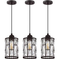 3 Pack 1 Light 5.4" Crystal Shade Hanging Kitchen Island Pendant Light Black Finish,Modern Pendant Fixture with Crystal Metal Shade