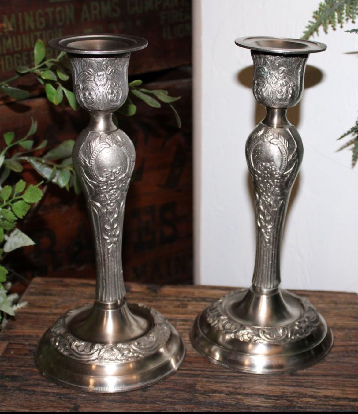 Ornate Vintage Shabby Chic Pewter Candle Holders Candlesticks