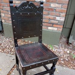 Spanish Renaissance (Reproduction?) Side Chair Tooled Leather Dark Wood 