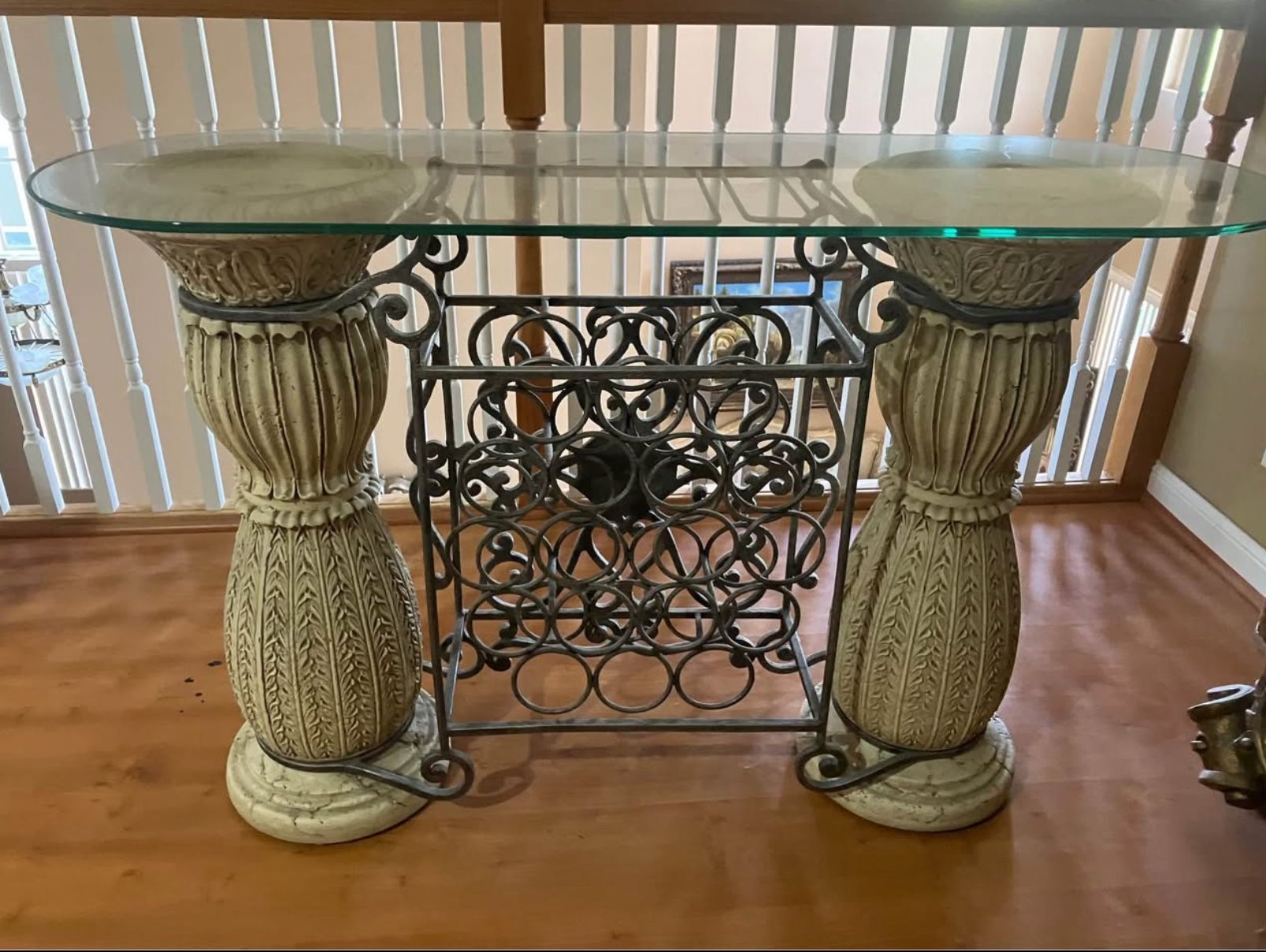 Double Pedestal Glass Top Consola Table With Built - In Wine Rack 