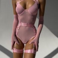 Bodysuit Lingerie Crotchless With Harness And Garters Pink