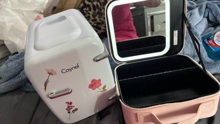 Travel makeup vanity bag and mini fridge