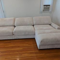 New 3 Piece Corduroy Sectional.  Beige Or Grey.  127” X 66”.  Free Delivery!