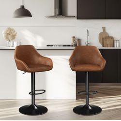2pcs Upholstered Height Adjustable Swivel Bar Stools Set-Retro Brown