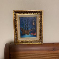Small Vintage Original Oil, Painting Of Ship.