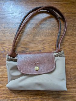 Longchamp Beige Tote Brown Leather Trim Gold Hardware Zip Inner Pockets