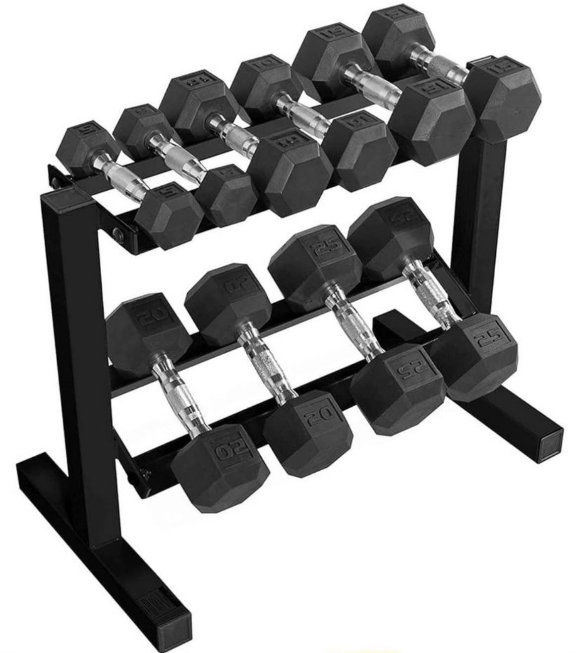 Set Dumbells with Rack ALL BRAND NEW IN BOX Set 2 Each (5/10/15/20/25) 150 Lbs Total Rack 2 Tiers Capacity 300 LBS FIRM PRICE 250$