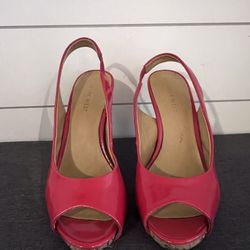 NINE WEST Hot Pink/Reddy Patent Leather Open Toe Buckle Slingback Heels Shoes Size 7
