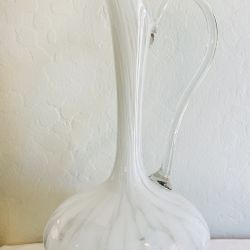 Vintage Pitcher Art Glass White Confetti Pitcher MCM Blown Glass Clear Handle