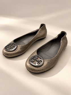 Tory Burch Reva Metallic Pewter Leather Ballet Flats Double T Logo size 7.5