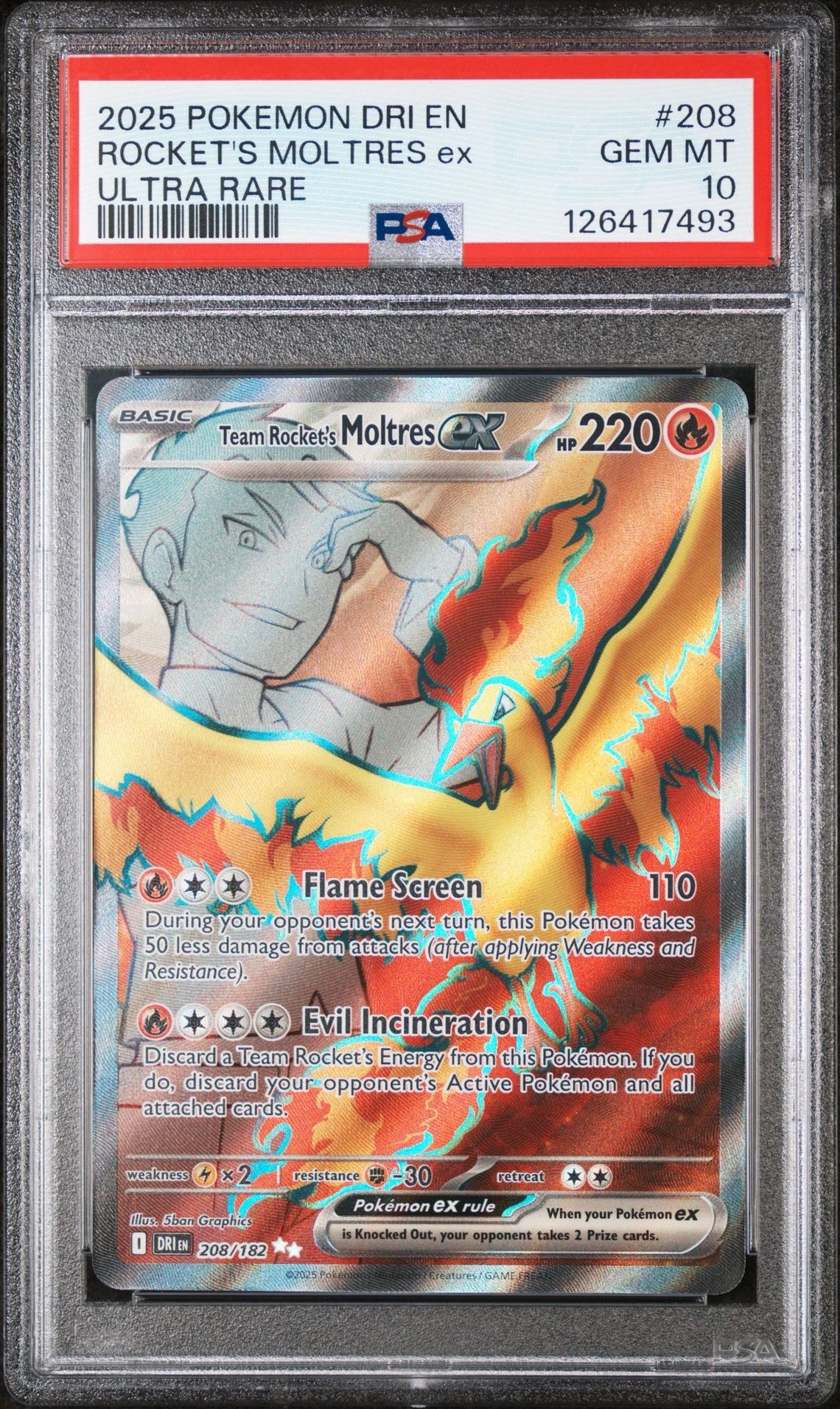 2025 Pokemon DRI EN Team Rocket’s Moltres EX Ultra Rare PSA 10 Gem Mt #208