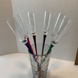 6 Long Stem Hand Blown Champagne Flutes Footless Toasting 