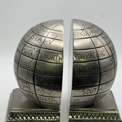 Vintage Silver Color Metal Globe Half Bookends 