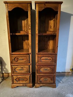Two Wooden Shelving Units with Drawers