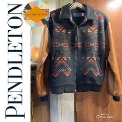 VTG Pendleton Tribal Western Wool & Leather Oversized Zip Jacket size Medium